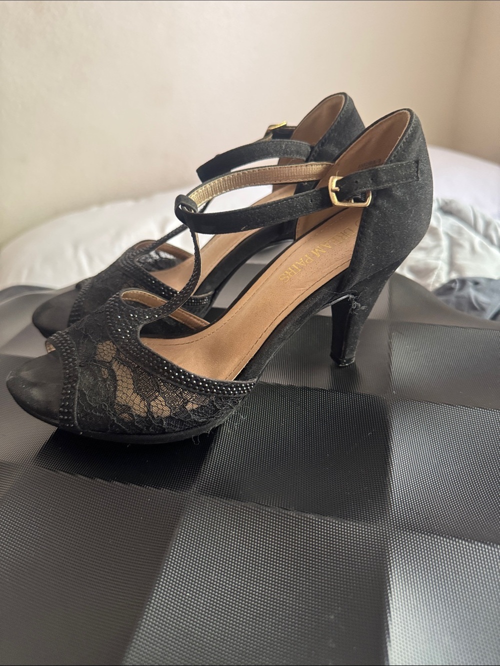 Dream Pairs Black Lace Rhinestone T-Strap Heels – Size 7.5
